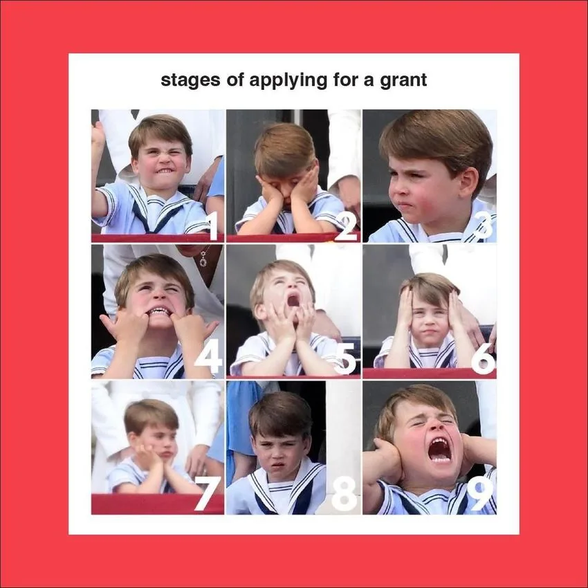 Meme graphic titled stages of applying for a grant